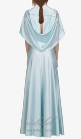 Glossy Silk Twill Satin Cape Maxi Dress in pale blue