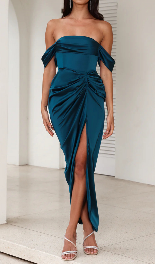 strapless satin midi dress in teal