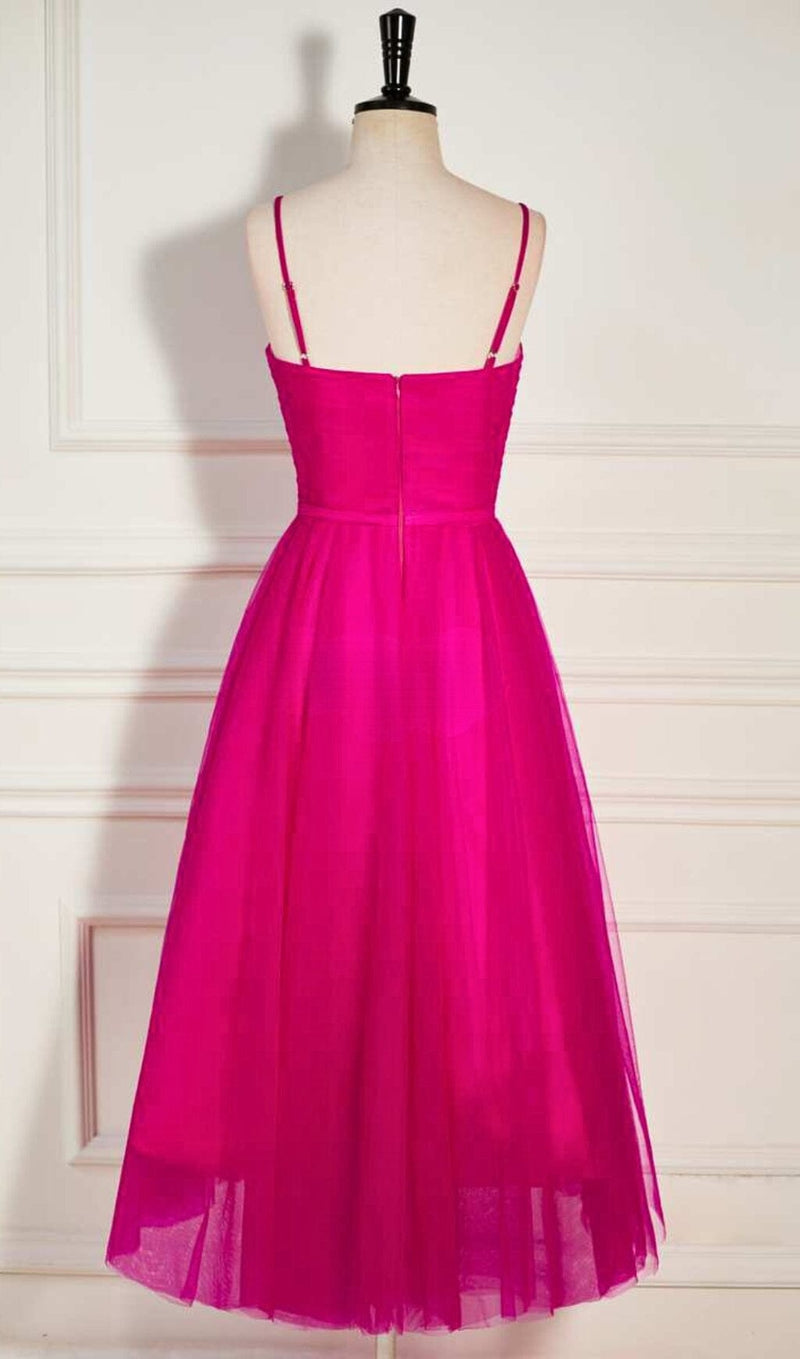 PLEATS SPAGHETTI STRAPS MIDI DRESS IN HOT PINK