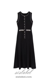 SALOME BEADED TRIM SLEEVELESS KNIT BLACK MIDI DRESS