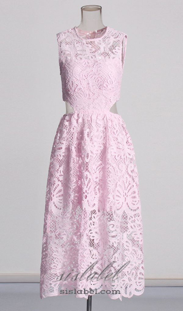 FANNY CUT-OUT LACE EMBROIDERY MIDI DRESS IN PINK