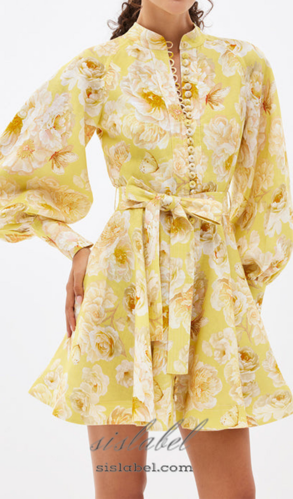 MONICA LANTERN SLEEVE FLORAL PRINT YELLOW MINI DRESS