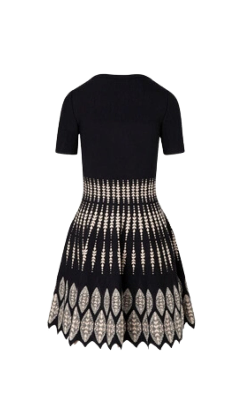 ELEANORE BLACK GEOMETRIC JACQUARD FLARE MINI DRESS