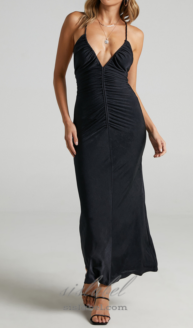 v-neckline pleated bodycon maxi dress in black