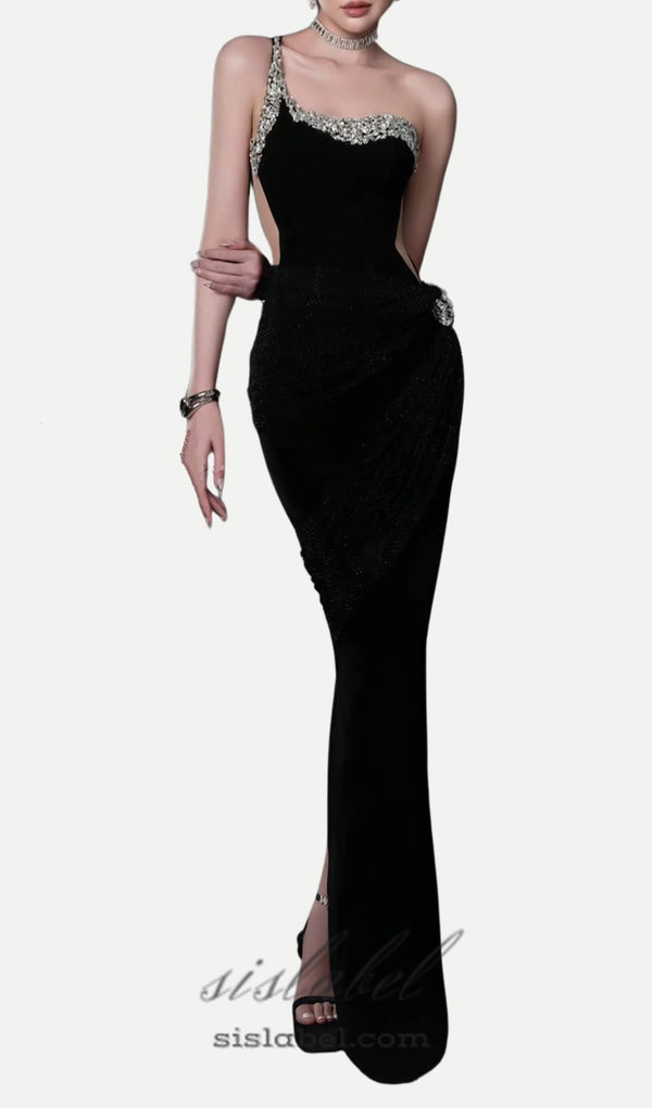 black one-shoulder diamonds bandage maxi dress