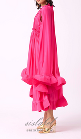 RUFFLE TRIM MAXI DRESS IN ROSE RED