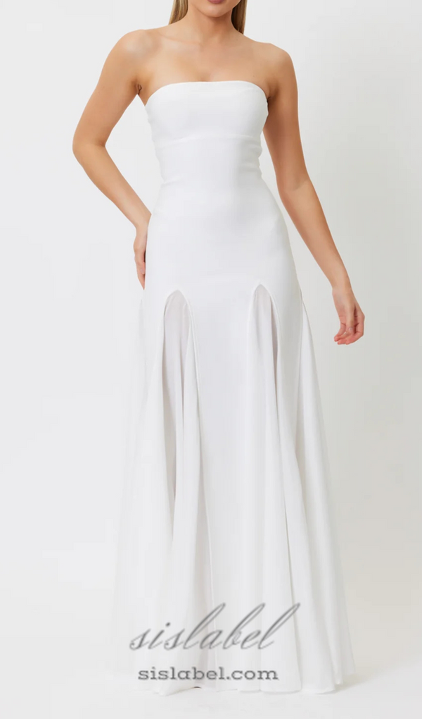 pleated trim strapless maxi dress in white