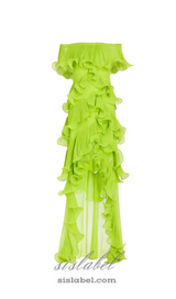 DORA GREEN OFF-SHOULDER PLEATED ORGANZA MAXI DRESS