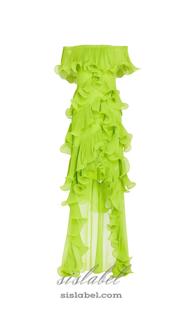 DORA GREEN OFF-SHOULDER PLEATED ORGANZA MAXI DRESS