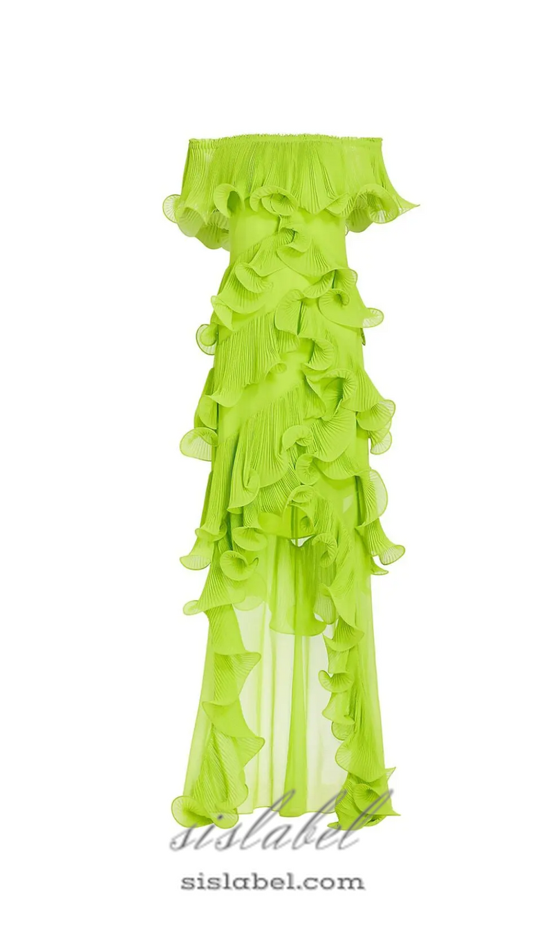 DORA GREEN OFF-SHOULDER PLEATED ORGANZA MAXI DRESS