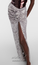 ELVIRA FLORAL-APPLIQUÉ SEQUINED MAXI SKIRT IN SLIVER