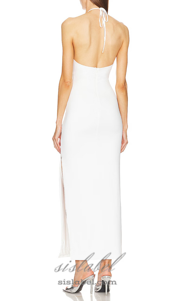 hollow cut out slit halter maxi dress in white