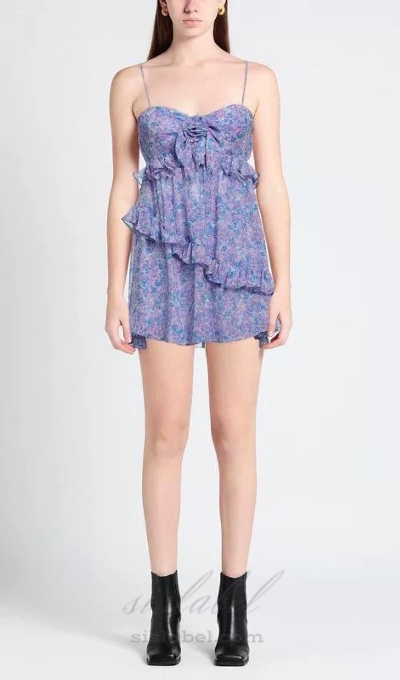 FLORAL EMBELLISHED RUFFLE TRIM MINI DRESS