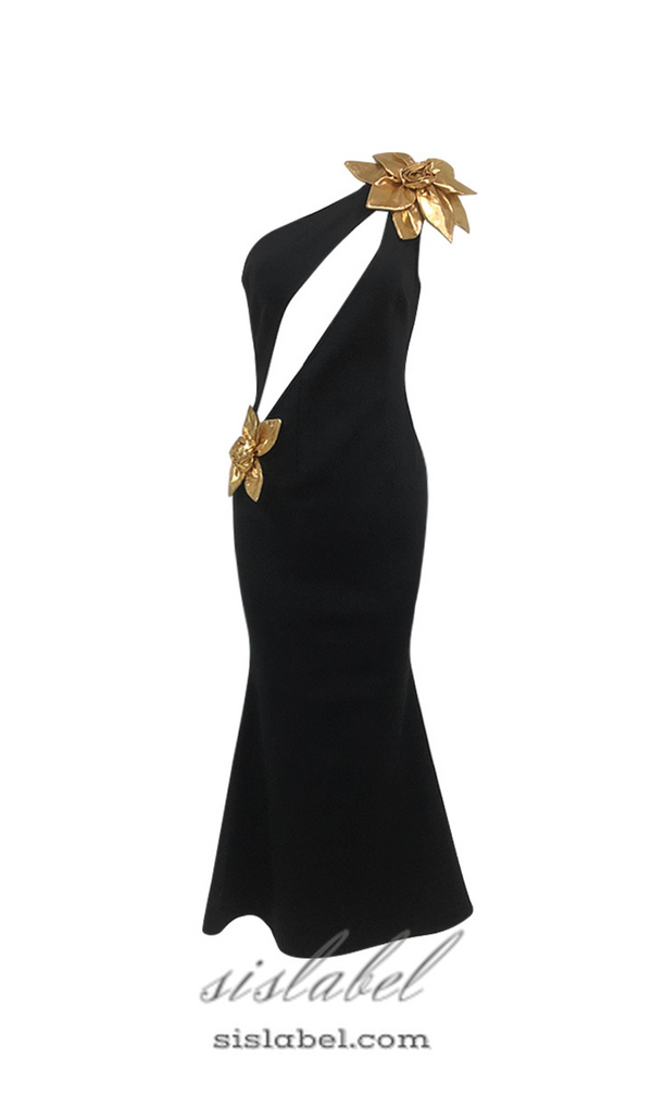 EUNICE GOLD 3D FLOWER CUT OUT BLACK MAXI DRESS