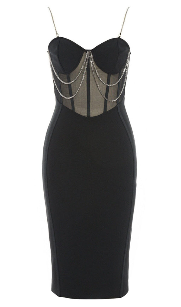 STRAPPY MESH CORSET MIDI DRESS IN BLACK