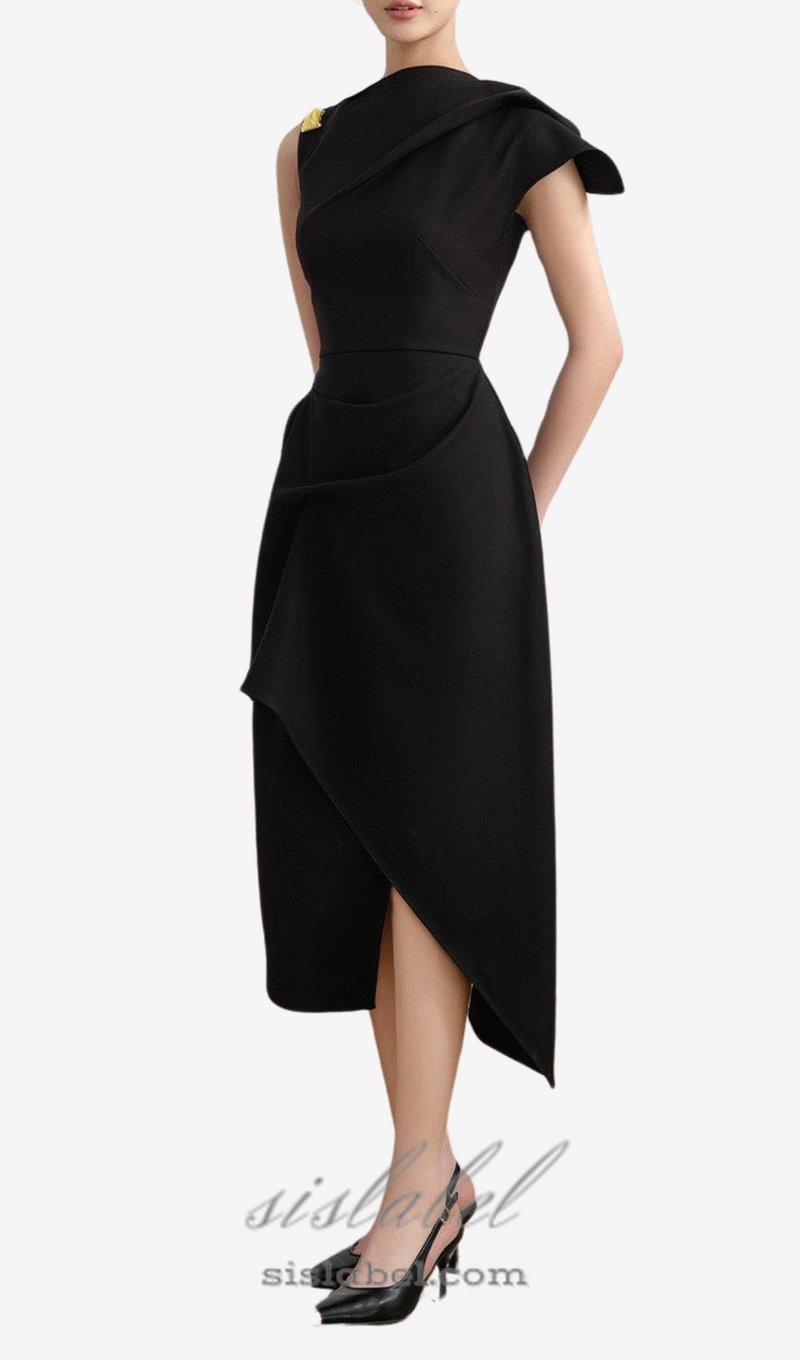 Calla Black Asymmetric Front Slit Twill Midi Dress