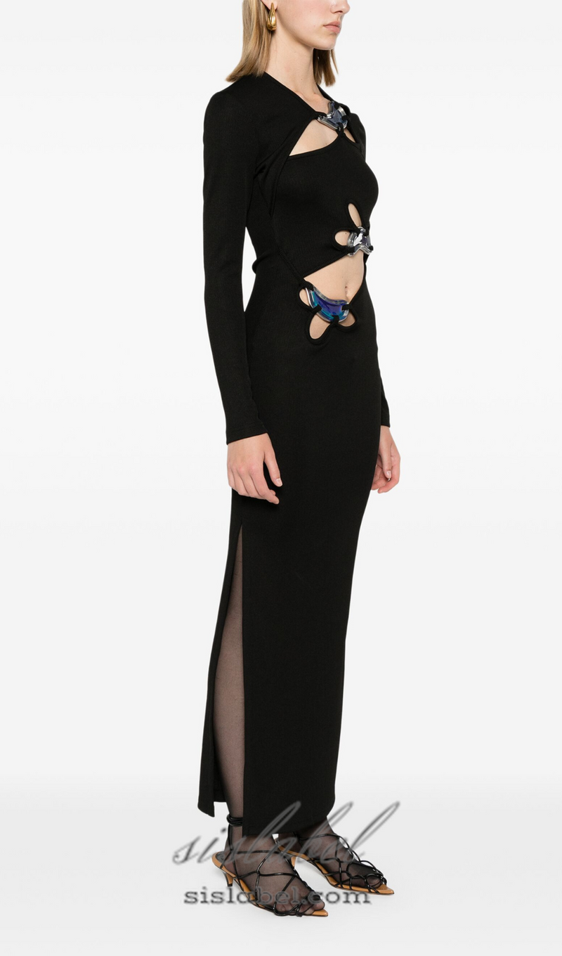 SALLY BLACK LONG SLEEVE CUT-OUT RIBBED MAXI DRESS