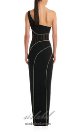 TRACY CRYSTAL STRIPE EMBELLISHED ONE-SHOULDER BLACK MAXI DRESS