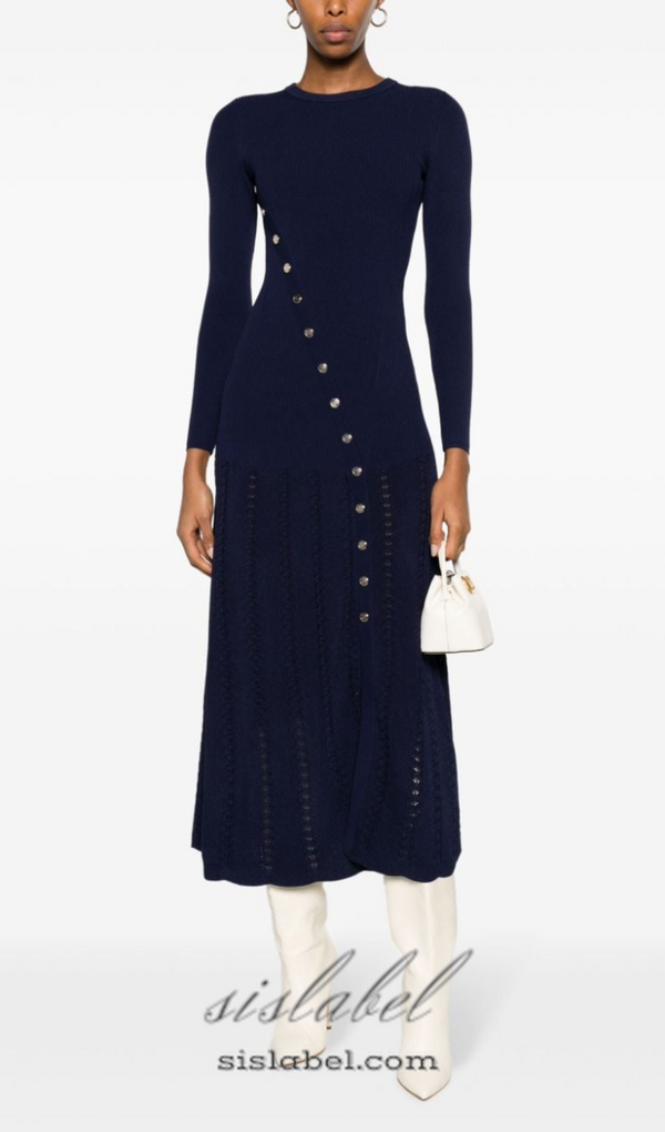 VIOLA RIBBED-KNIT MIDI DRESS IN NAVY BLUE