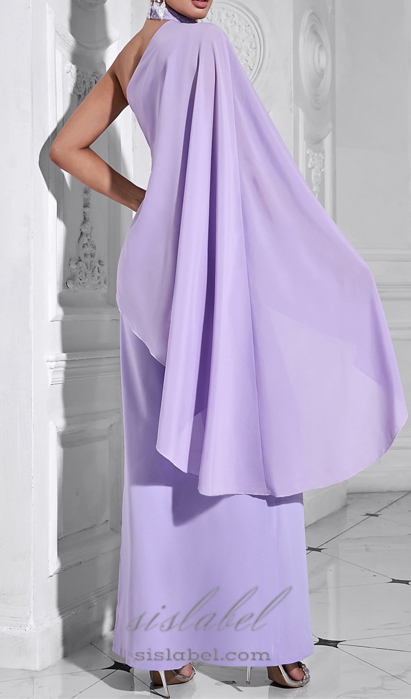 halter shawl jumpsuit in purple