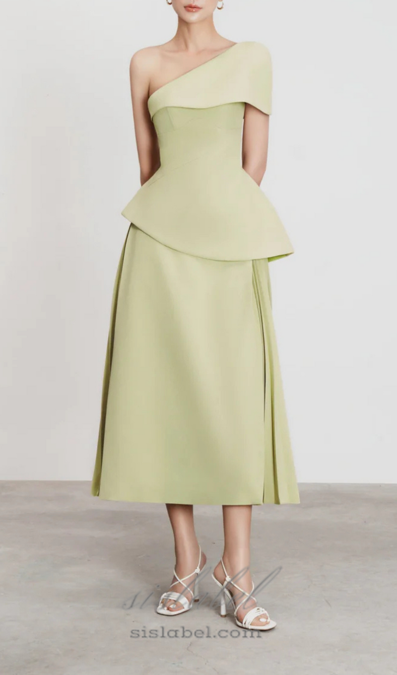 One Shoulder Top Flare Midi Skirt suit in Olive Green