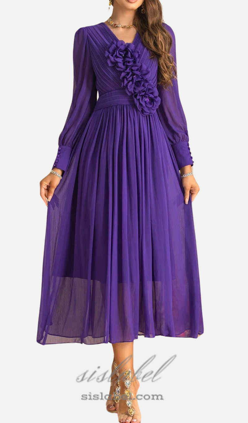 three-dimensional flower v-neck purple chiffon maxi dress