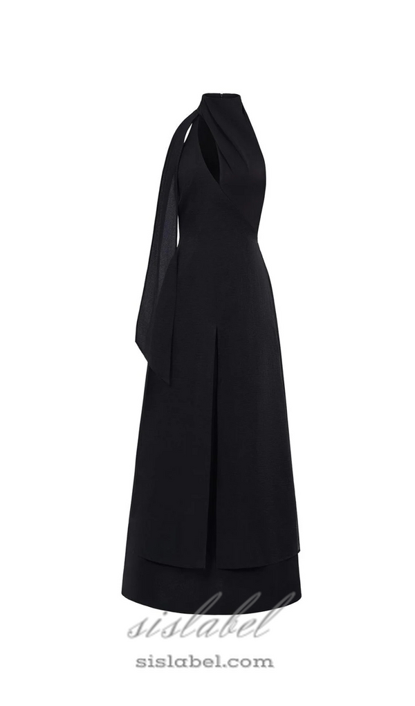 Yen Layered High Neck Floss Silk maxi Dress in black