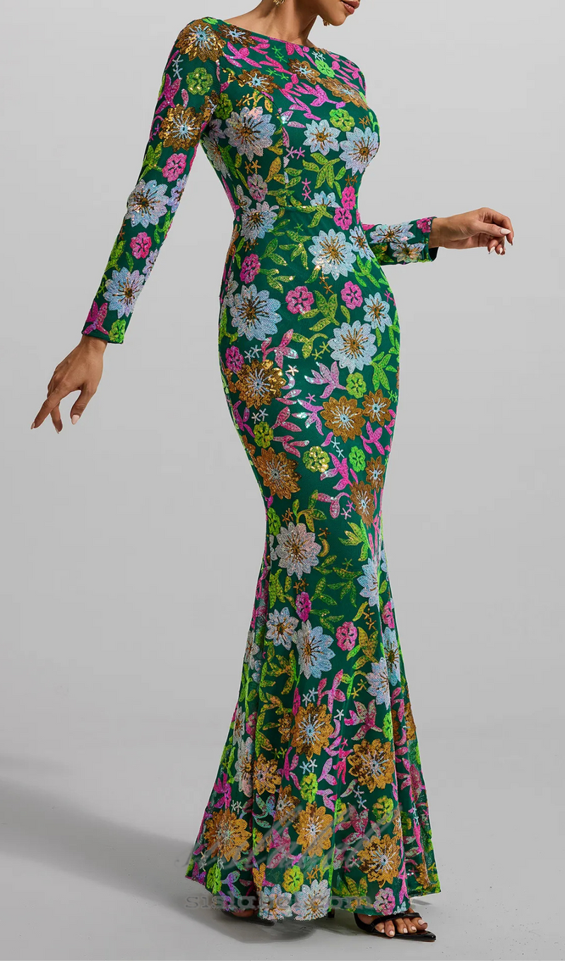 Sequin Round Neck Long Sleeve Maxi Dress in Green