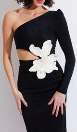 FLOWER APPLIQUE ONE SHOULDER MIDI DRESS IN BLACK