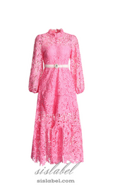 TARA PINK LACE EMBROIDERED LONG SLEEVE MIDI DRESS