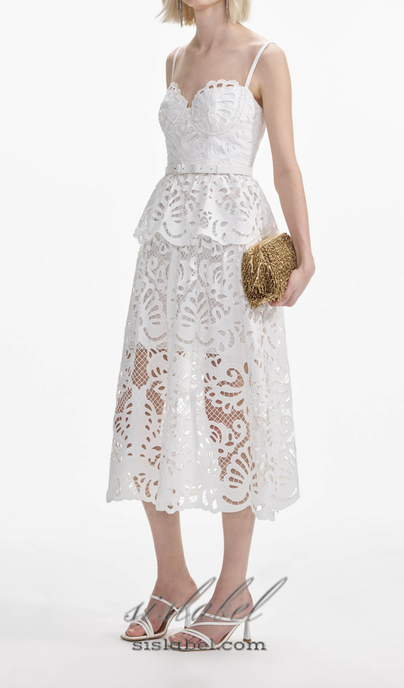 EVELYN CUT OUT LACE LAYERING MIDI DRESS IN WHITE