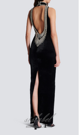 embroidered velvet halterneck maxi dress in black