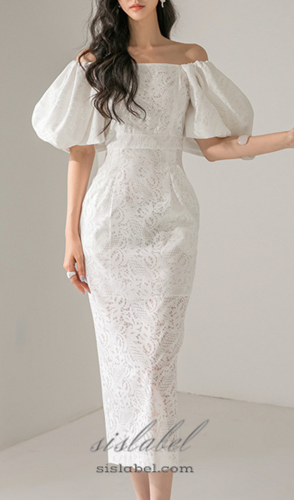 NATALIE PUFF SLEEVE OFF SHOULDER WHITE LACE MIDI DRESS