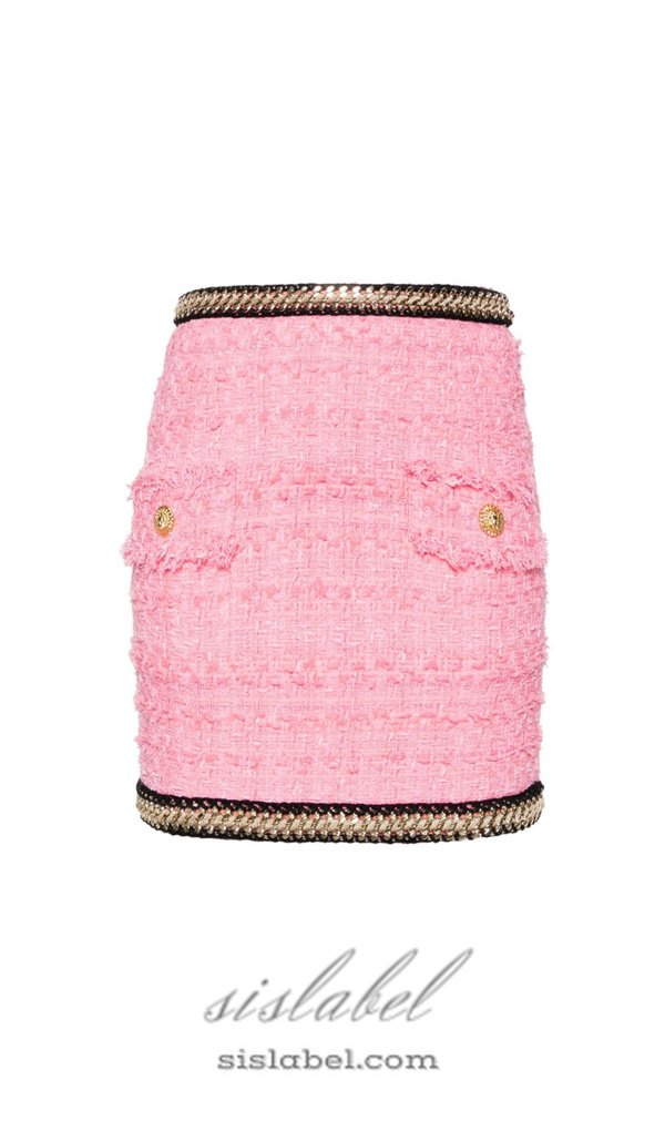 CHAIN-EMBELLISHED TWEED MINI SKIRT IN PINK