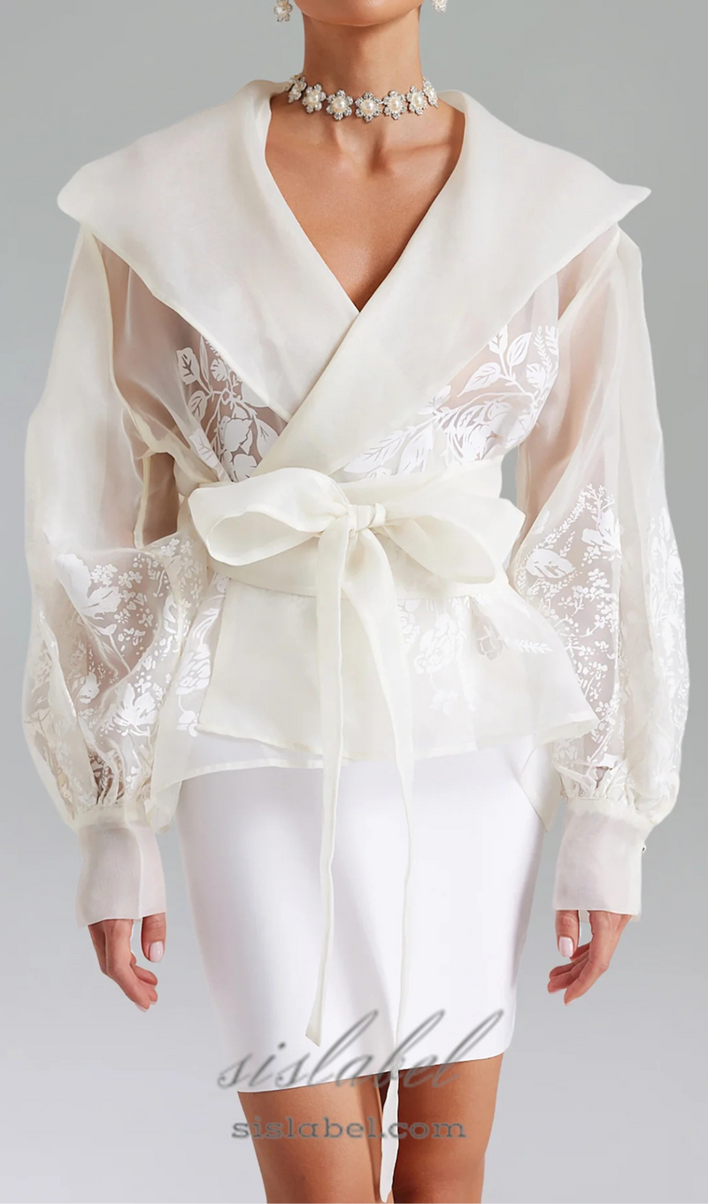 lantern sleeve embroidery shirt jacket in white