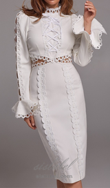 hollow Lace Midi Dress in White