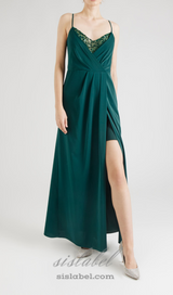 crystal embellished pleated maxi dress in green