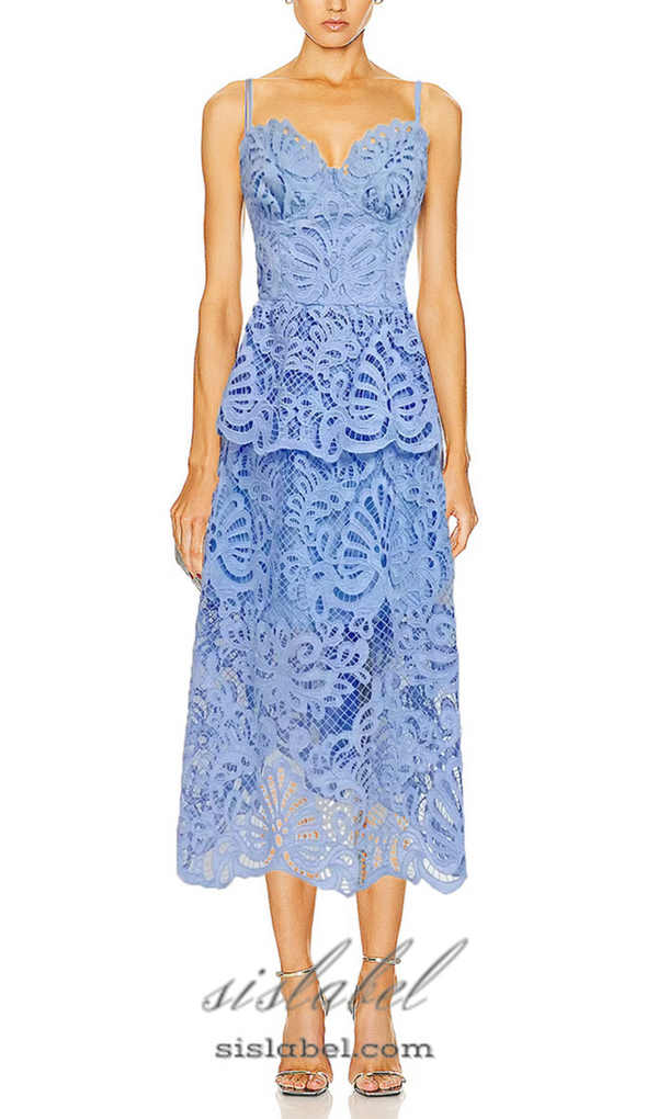 EVELYN CUT OUT LACE LAYERING MIDI DRESS IN BLUE