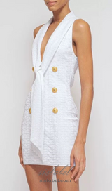 EVELYN JACQUARD MONOGRAM SHAWL-COLLAR MINI DRESS IN WHITE