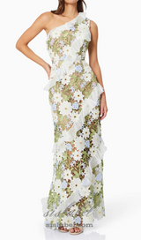 Floral One Shoulder Lace Maxi Dress in Green