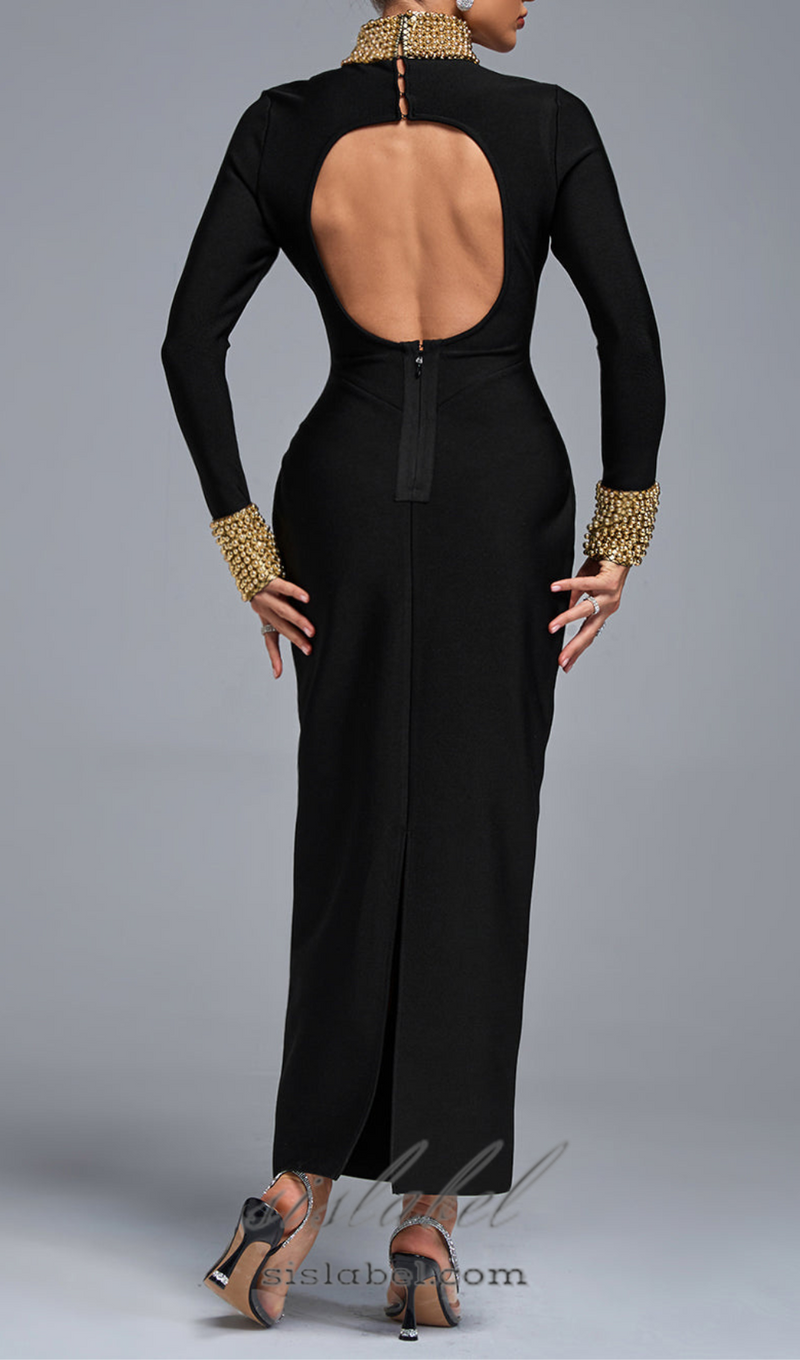 YVONNE LONG SLEEVE GOLD BEAD BANDAGE MIDI DRESS IN BLACK