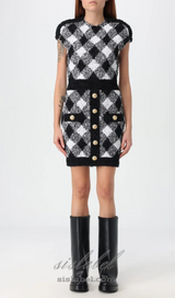 button-embellished plaid texture mini dress