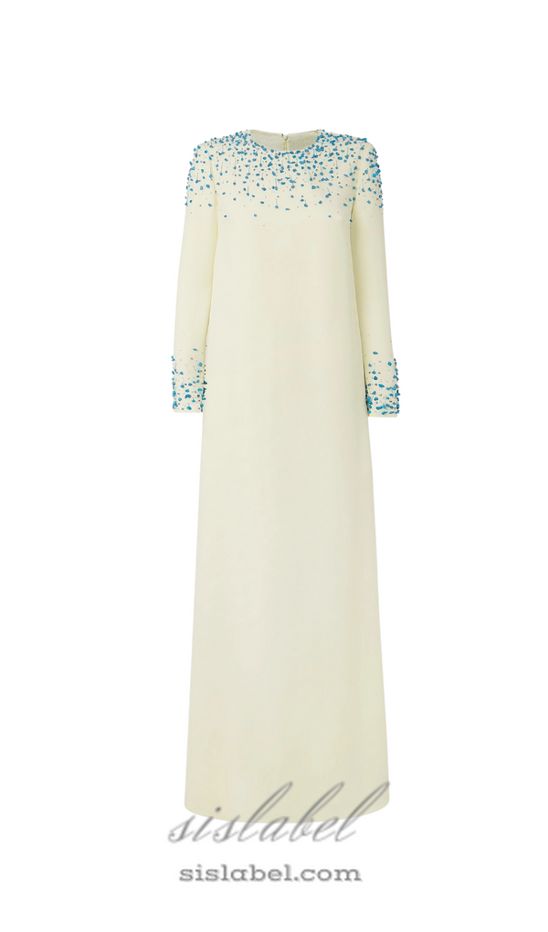 Rhinestone embellished Round Neck Maxi Dress in beige