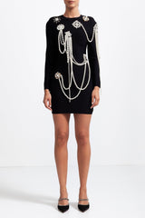 Long Sleeve Diamond Pearls Dress - Black