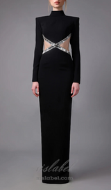 baguette crystals side cutouts embroidered Black crêpe maxi dress