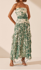 PRINT STRAPLESS CONTRAST MAXI DRESS IN GREEN