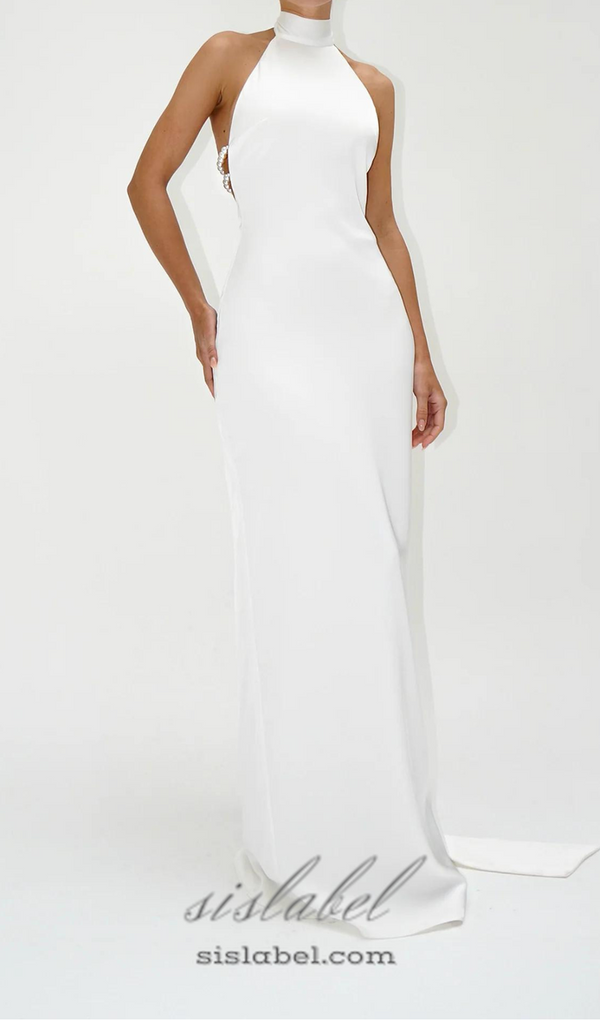 MIGNON SATIN BELT BACKLESS PEARL EMBELLISHED MAXI DRESS IN WHITE