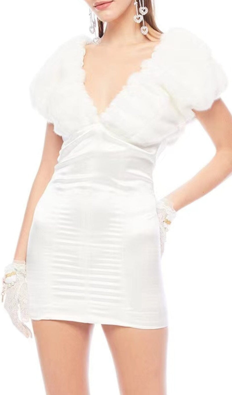 WHITE STRAPLESS FUR SATIN MINI DRESS