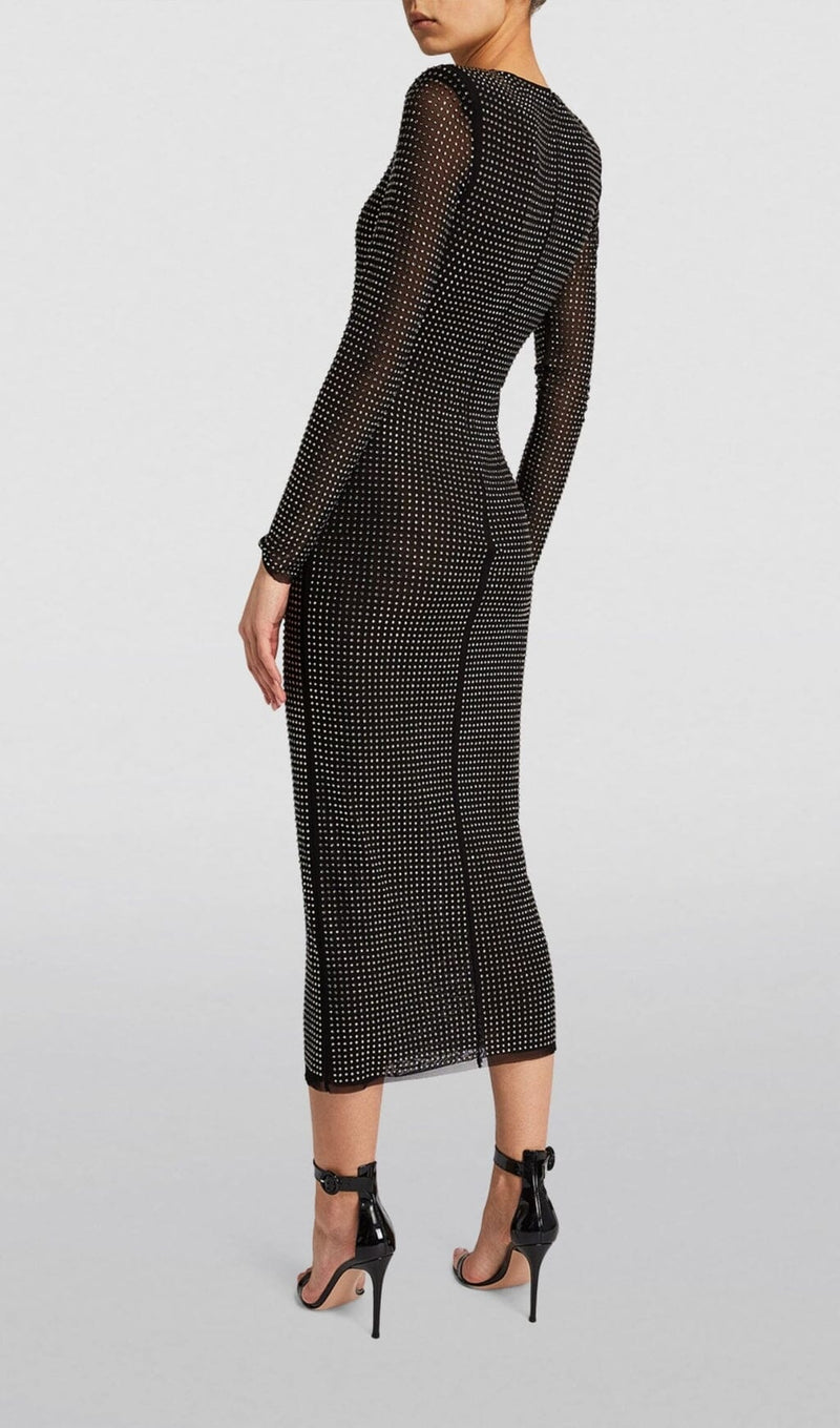 ENBELLISHED MESH MIDI DRESS IN BLACK