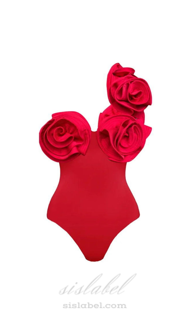 FLOWER SHOULDER SWIMSUIT IN RED